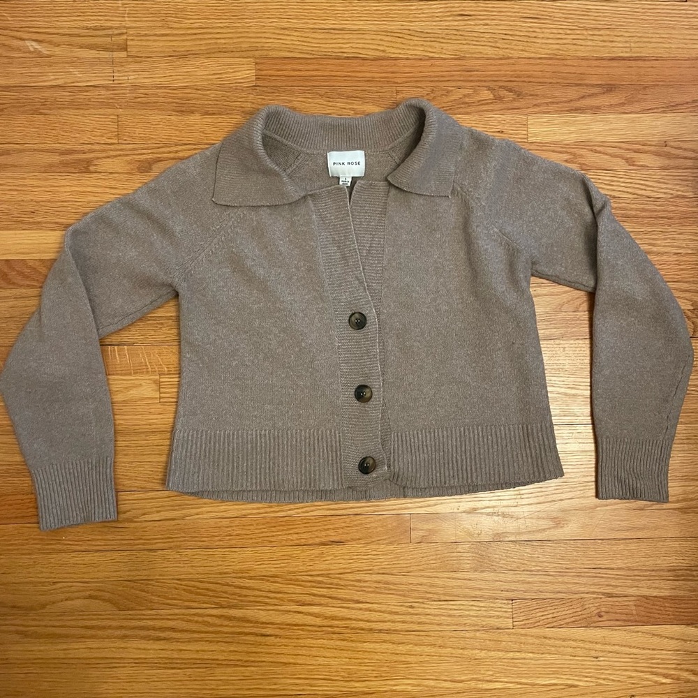 Pink Rose Tan Collard Cardigan | Size Large
